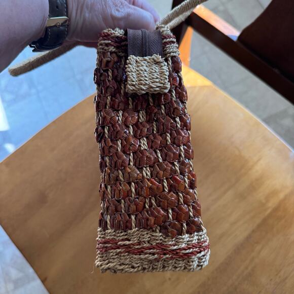 Vintage Boho Woven Wicker Handbag Purse Rust and Tan Grandma Core 8x10x3 Inch - Picture 8 of 12